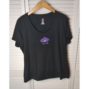 Lotus Life Hanes V Neck T Shirt Womens XL 100% Cotton Yoga Graphic Purple Flower